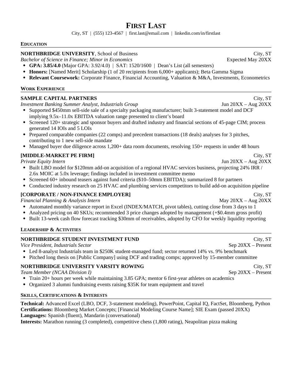 Preview of the one-page investment banking resume template with education, work experience, leadership and skills sections